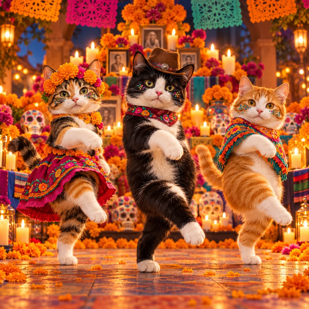 Three festive cats dancing together on a Day of the Dead ofrenda stage